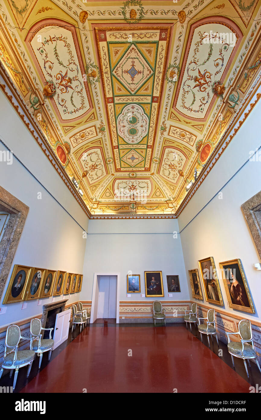 Room of The Bourbons of Naples, Spain and France. This room contains portraits of the Bourbon Dynasty.   Royal Palace of Caserta, Italy. Stock Photo