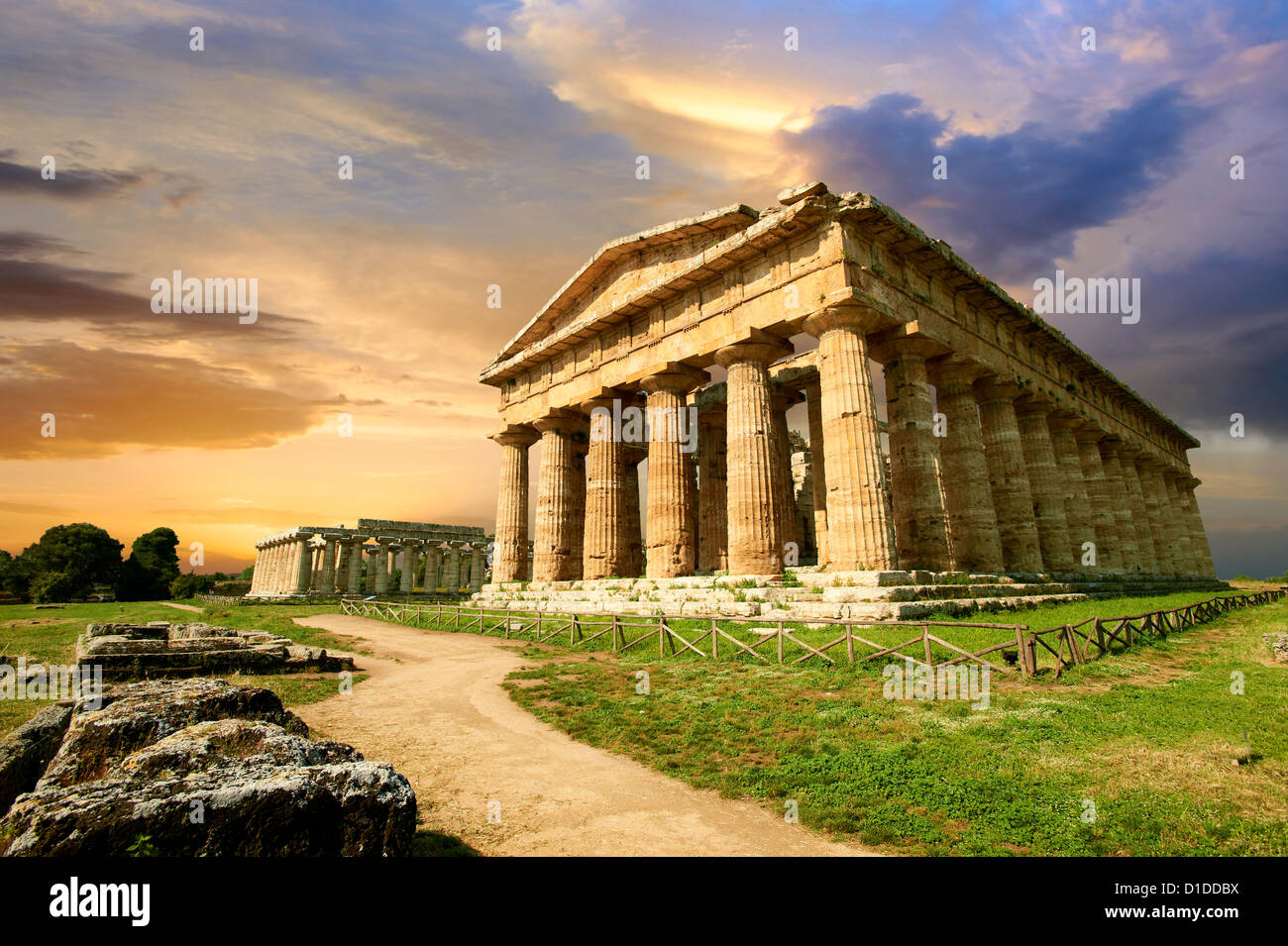 The ancient Doric Greek Temple of Hera of Paestum built in about 460–450 BC. Paestum archaeological site, Italy.  Stock Photo