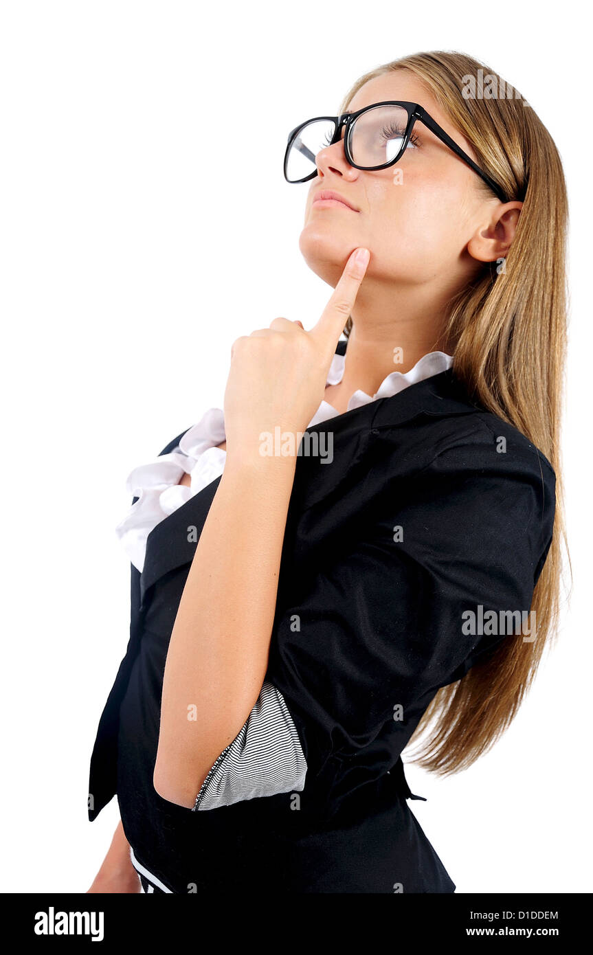 Isolated young business woman thinking Stock Photo - Alamy