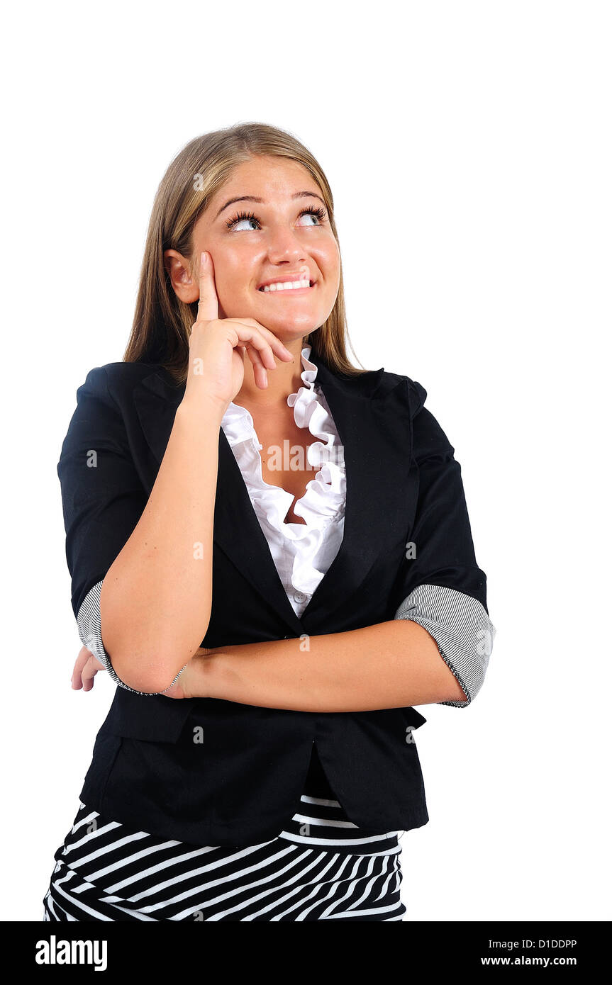 Isolated young business woman thinking Stock Photo - Alamy