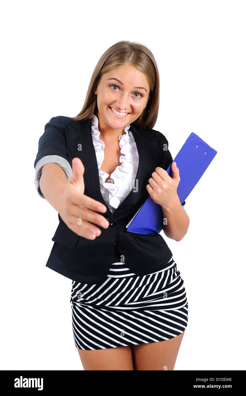 Isolated young business woman handshake Stock Photo - Alamy
