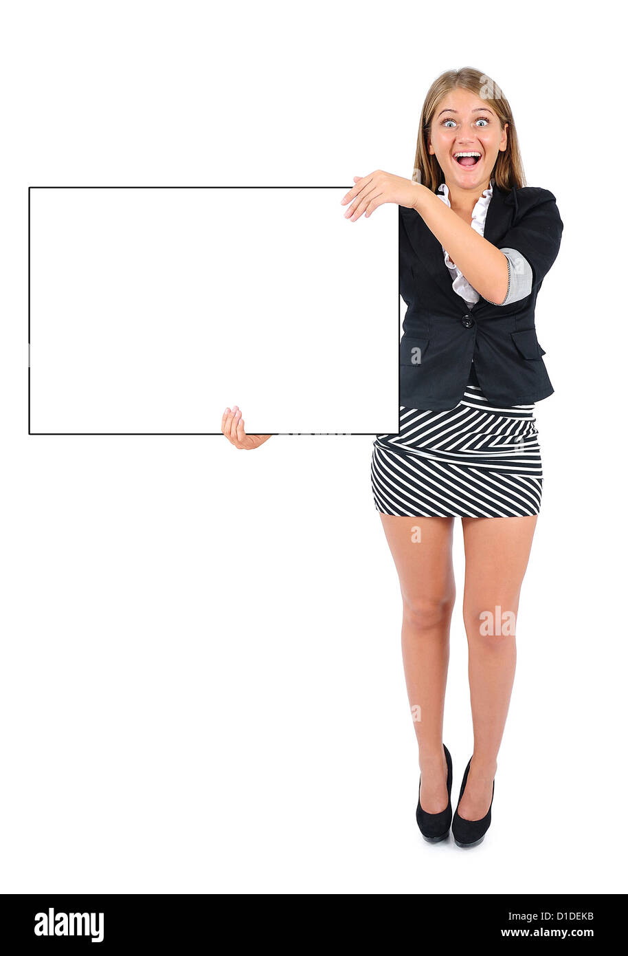 Isolated young business woman showing banner Stock Photo