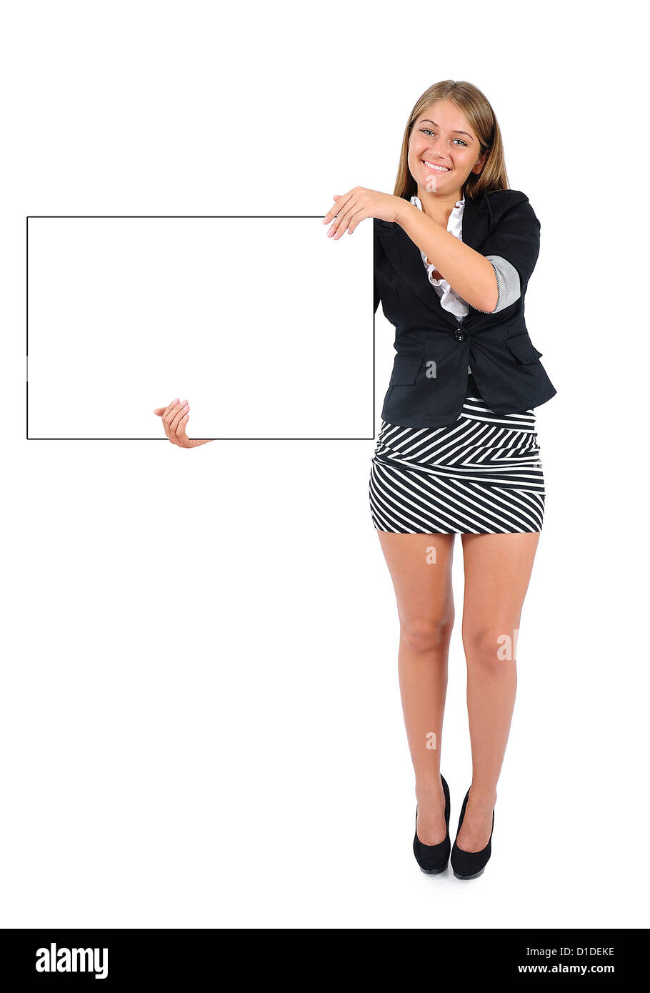 Isolated young business woman holding banner Stock Photo