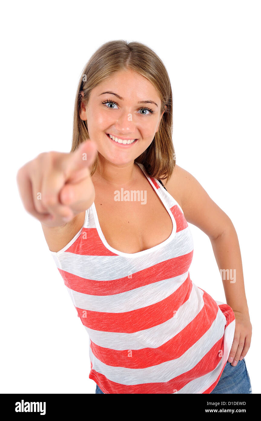 Isolated young casual woman pointing Stock Photo