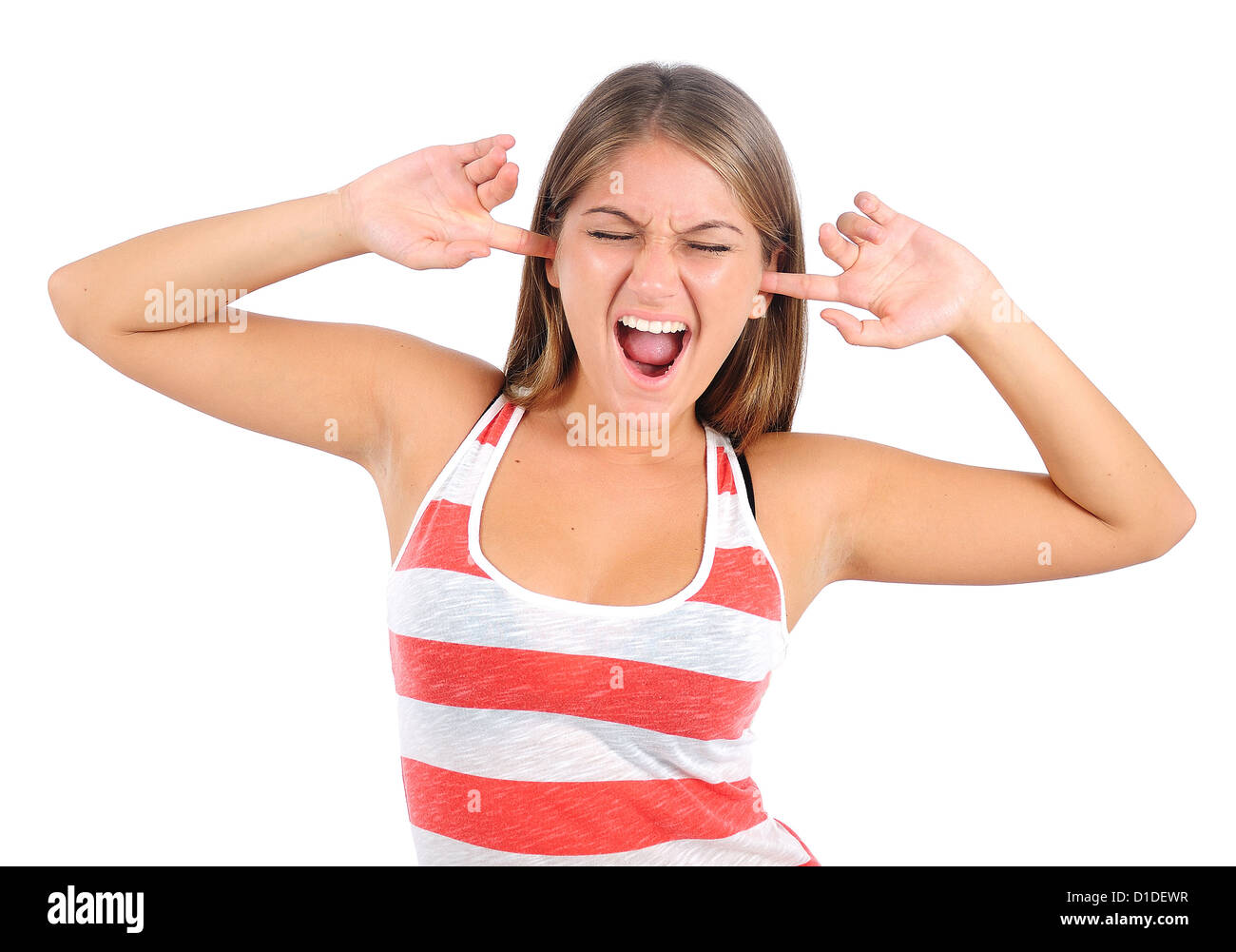 Isolated young casual woman deaf Stock Photo