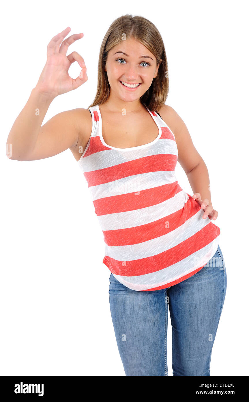 Isolated young casual woman approval Stock Photo