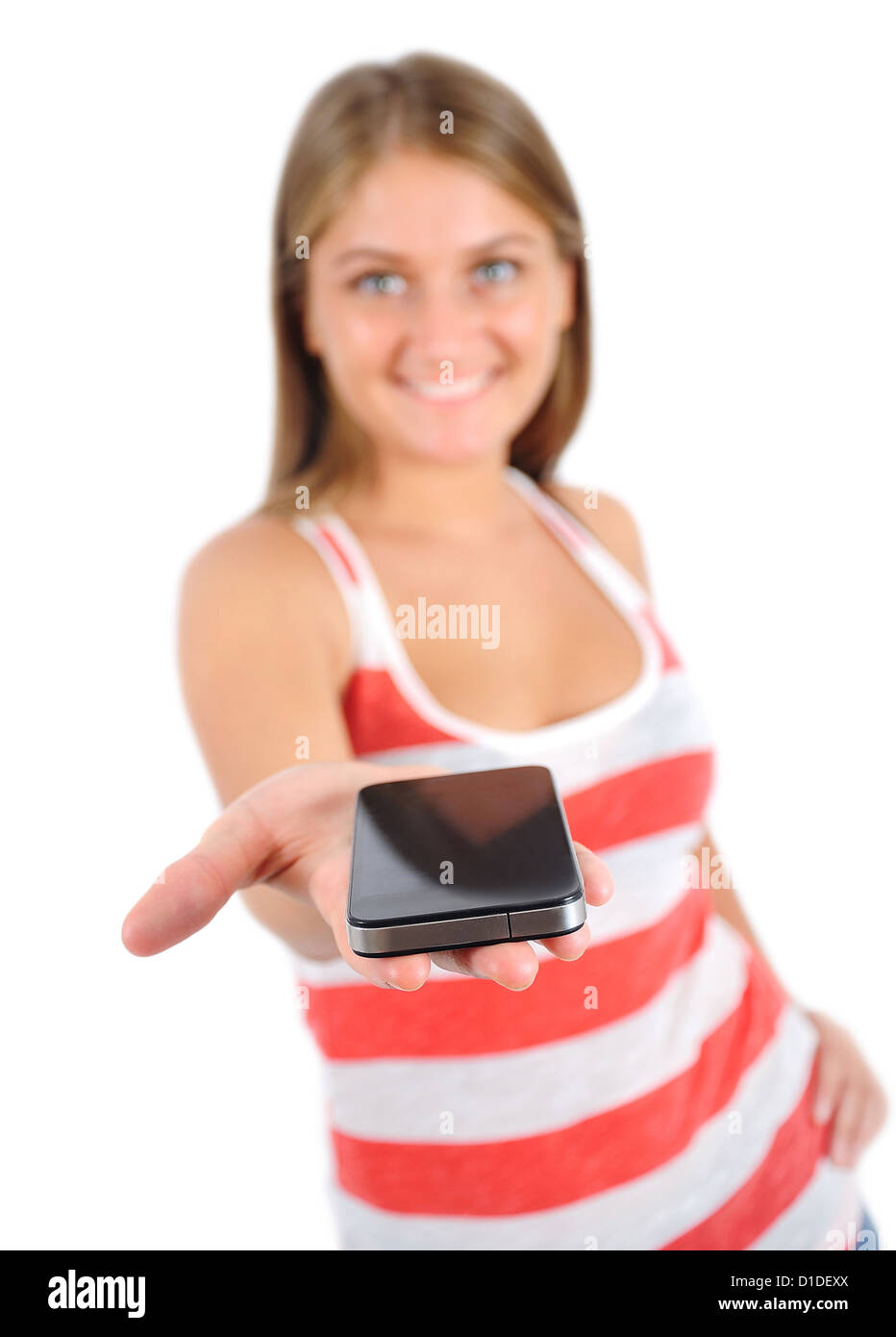 Isolated young casual woman give telephone Stock Photo