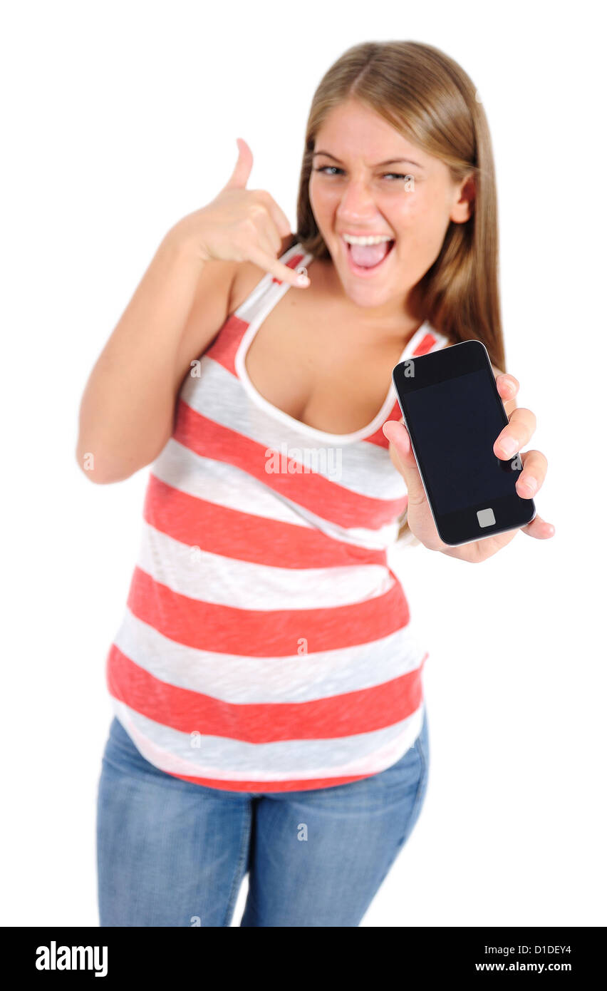 Isolated young casual woman call gesture Stock Photo