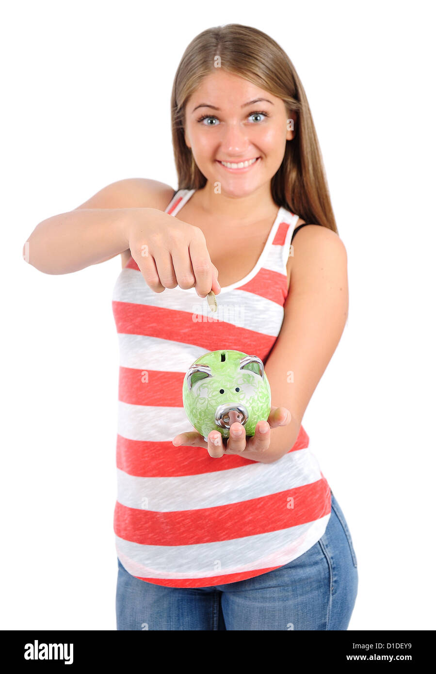 Isolated young casual woman put money Stock Photo