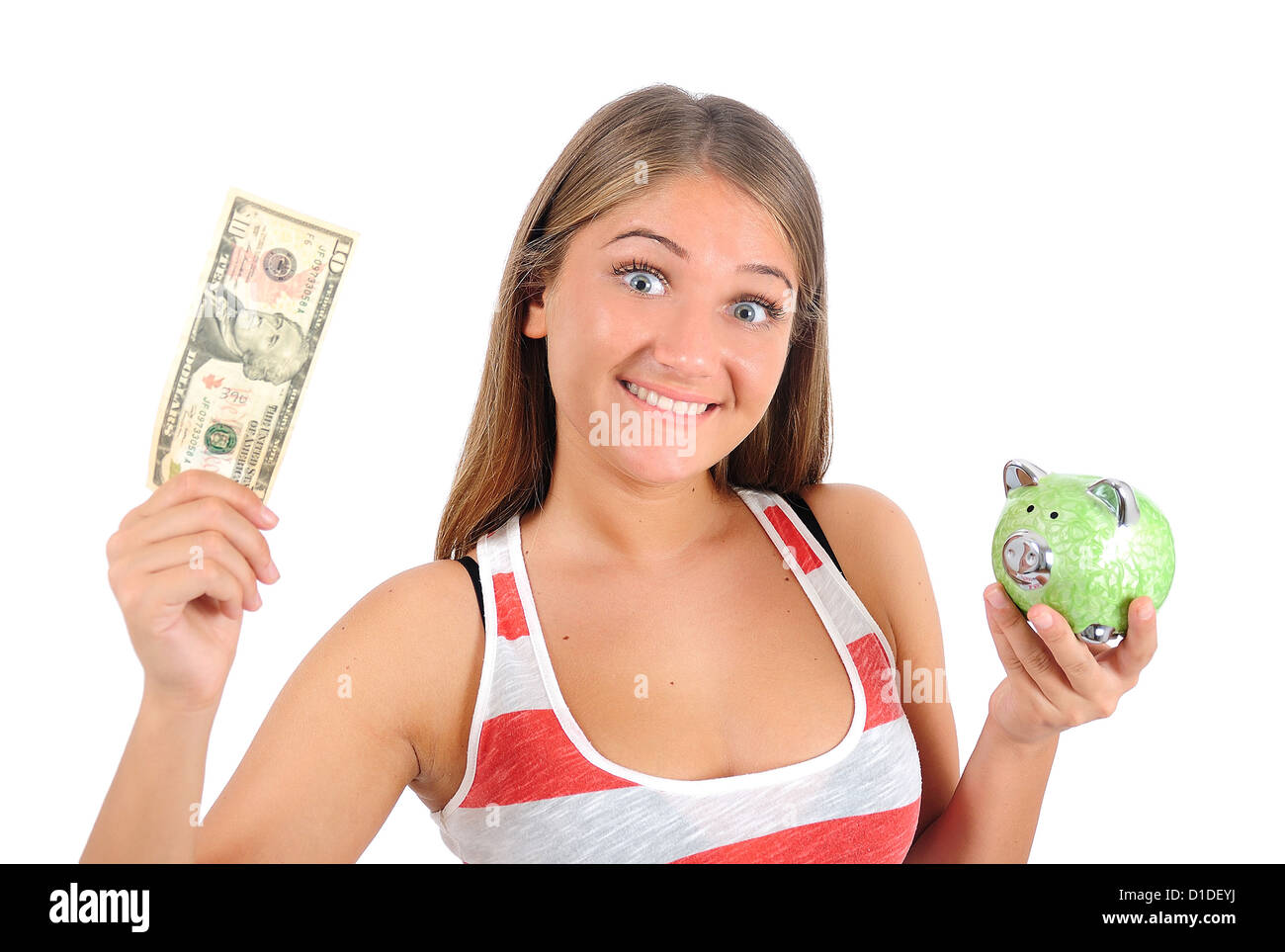 Isolated young casual woman with piggybank Stock Photo