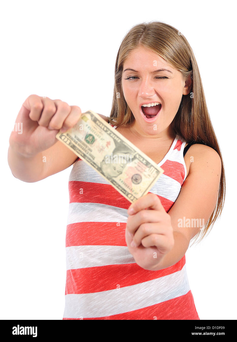 Isolated young casual woman showing money Stock Photo