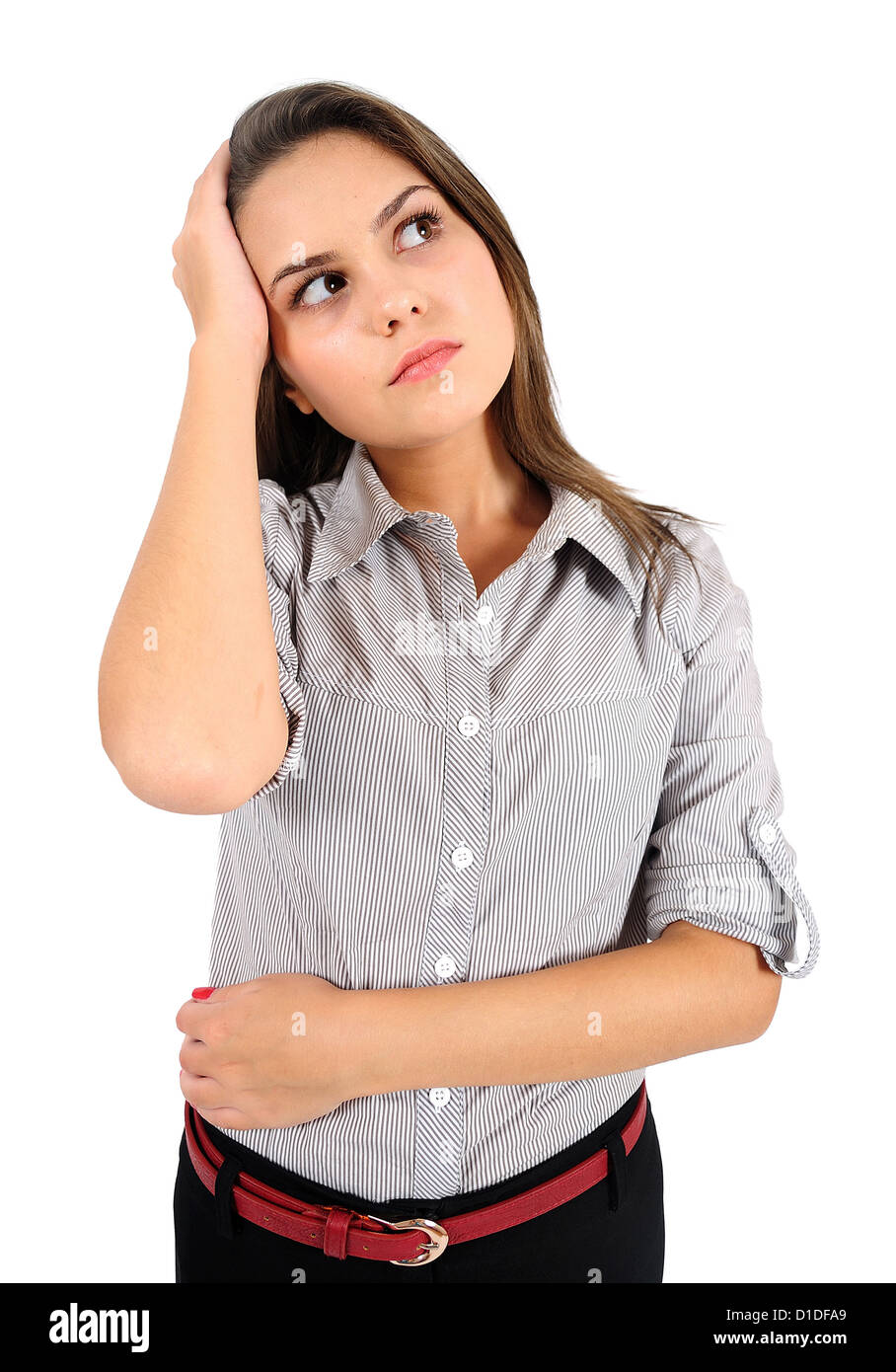 Isolated young business woman thinking Stock Photo - Alamy