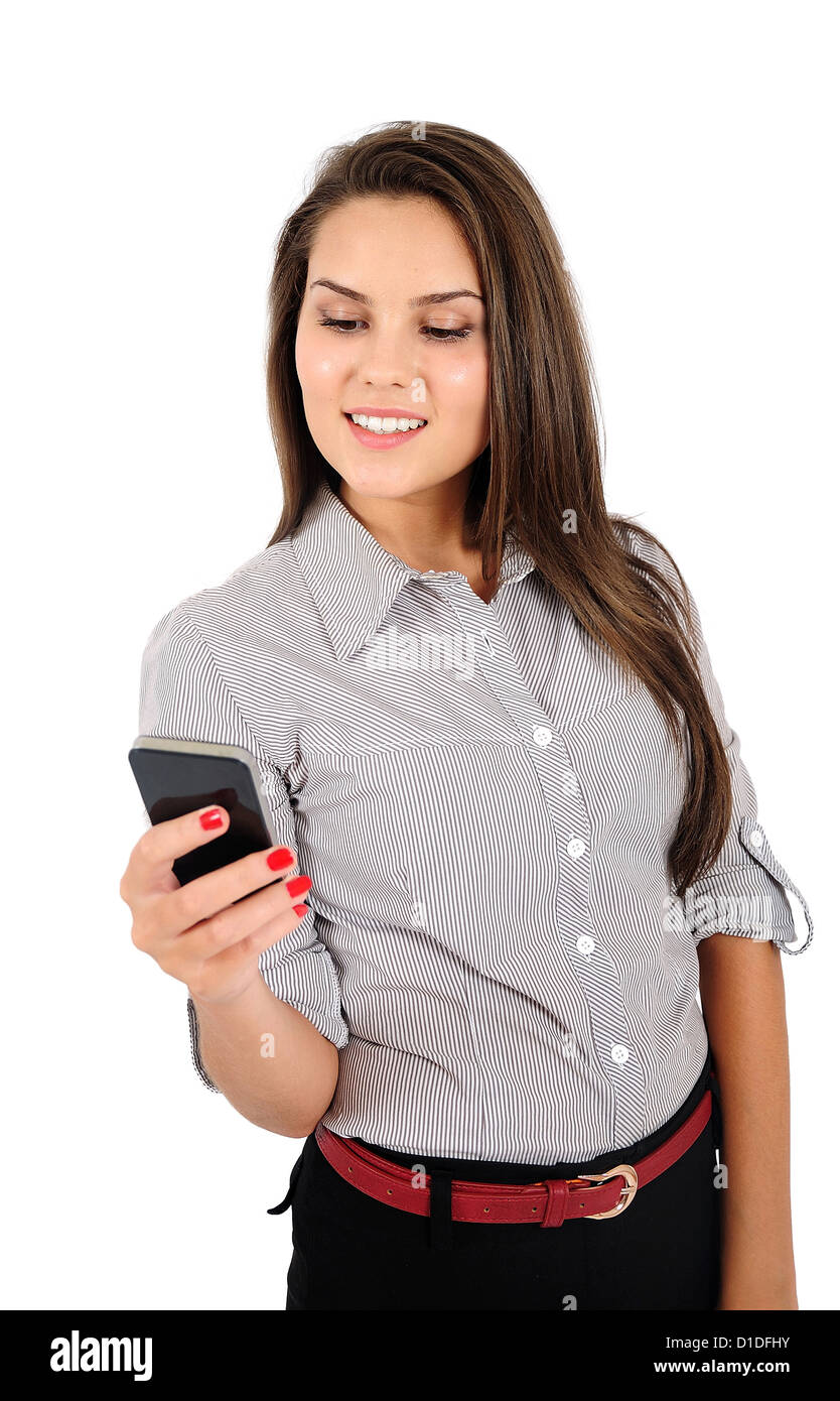 Isolated young business woman with phone Stock Photo - Alamy