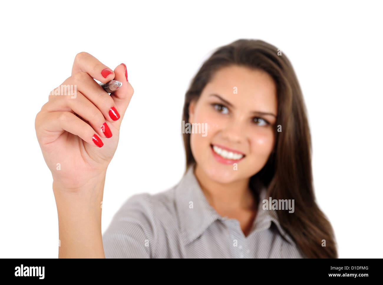 Isolated young business woman writing Stock Photo - Alamy