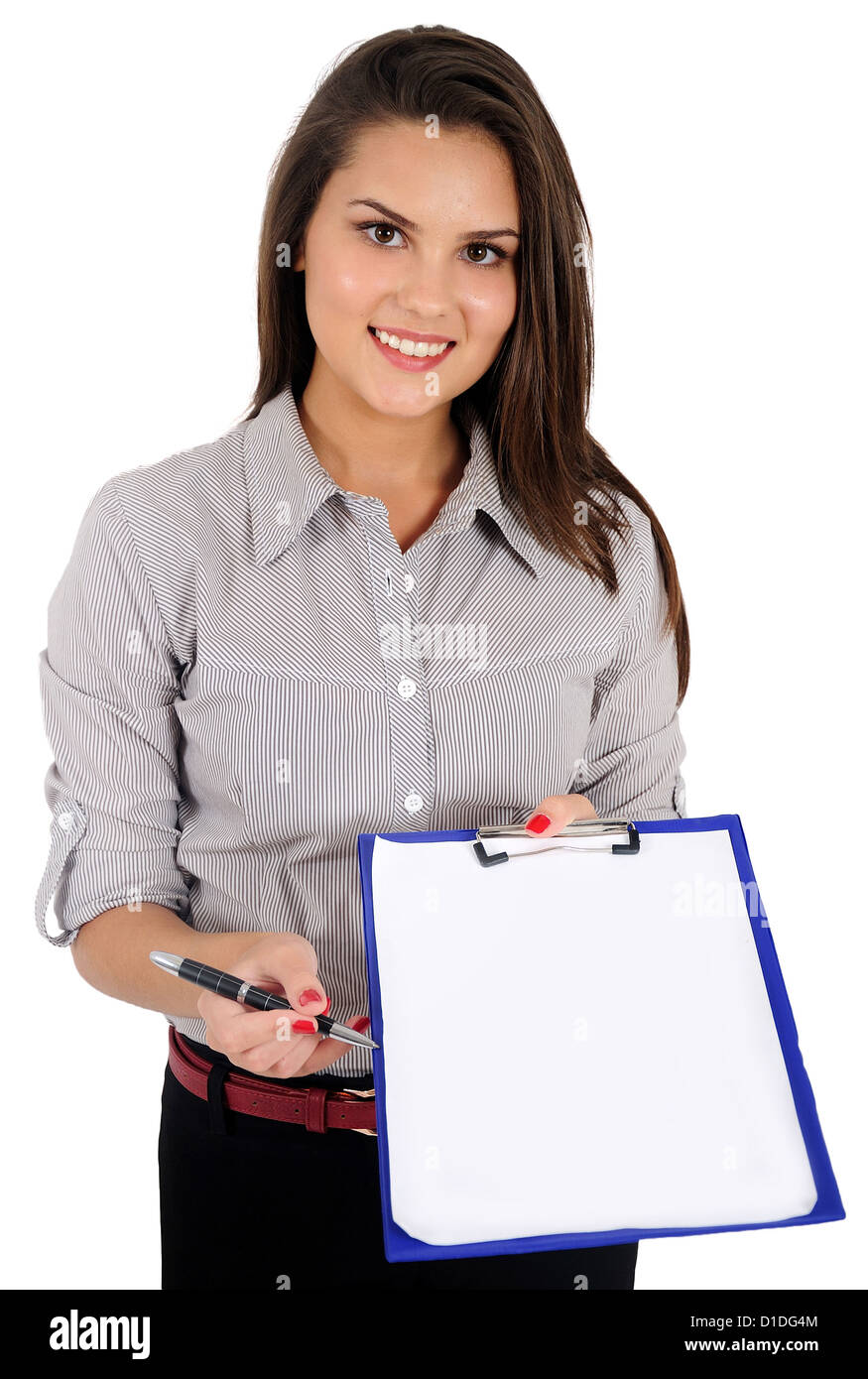 Isolated young business woman show clipboard Stock Photo Alamy