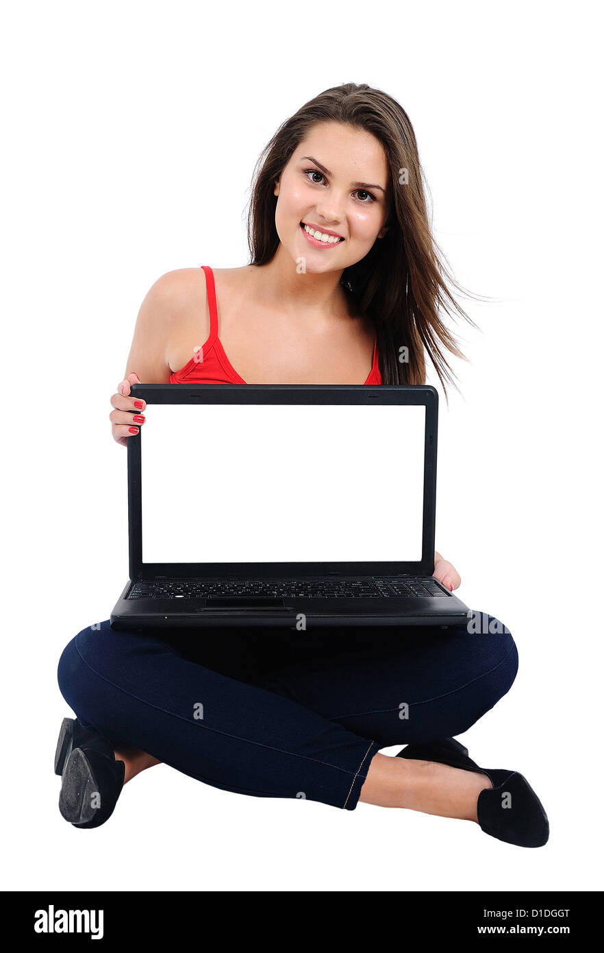 Isolated young casual girl with laptop Stock Photo - Alamy
