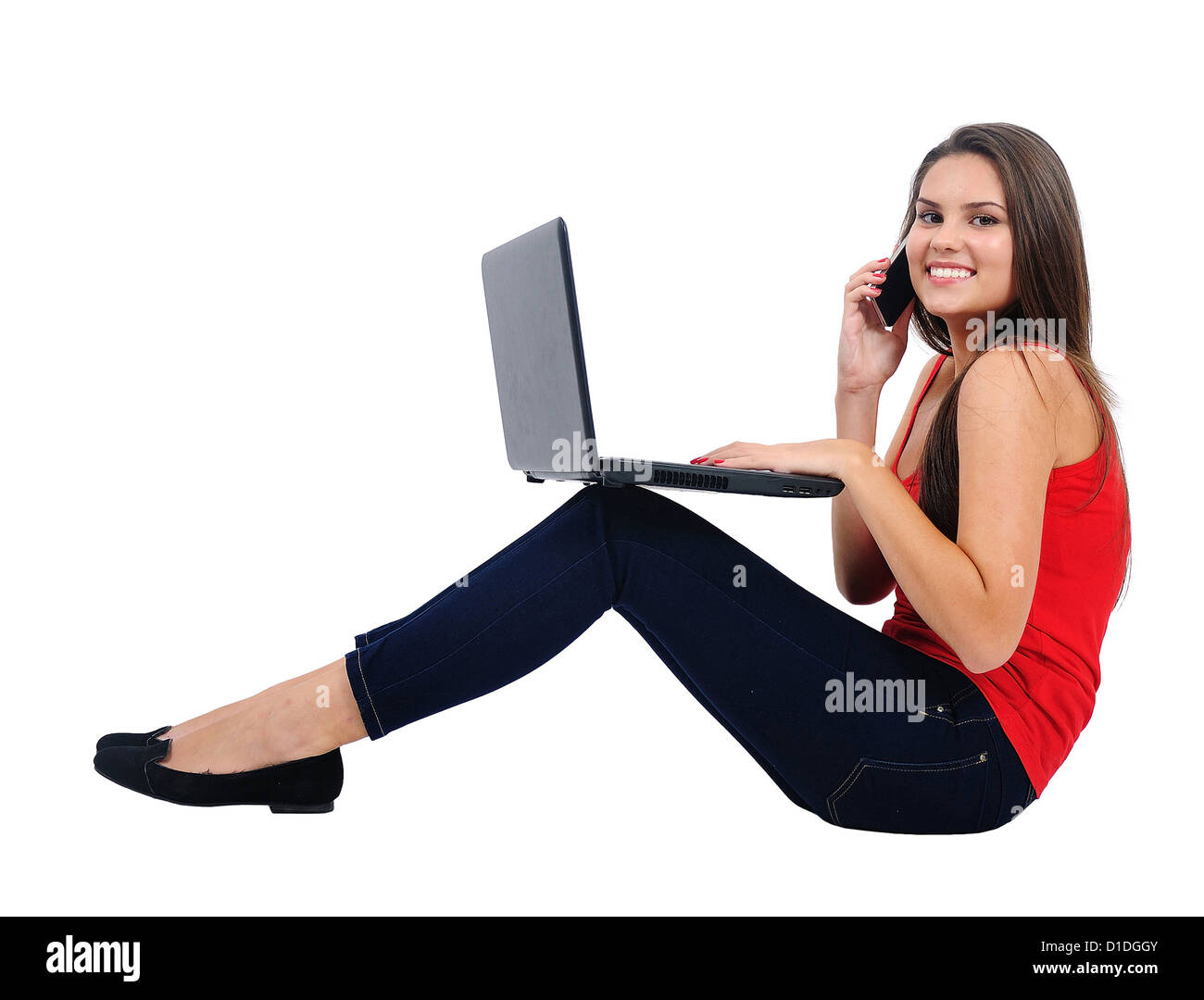 Isolated young casual girl with laptop Stock Photo - Alamy