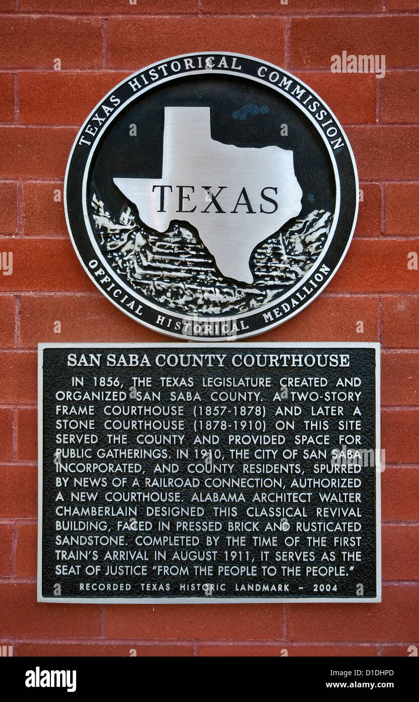 Sign at San Saba County Courthouse, in San Saba, Hill Country region