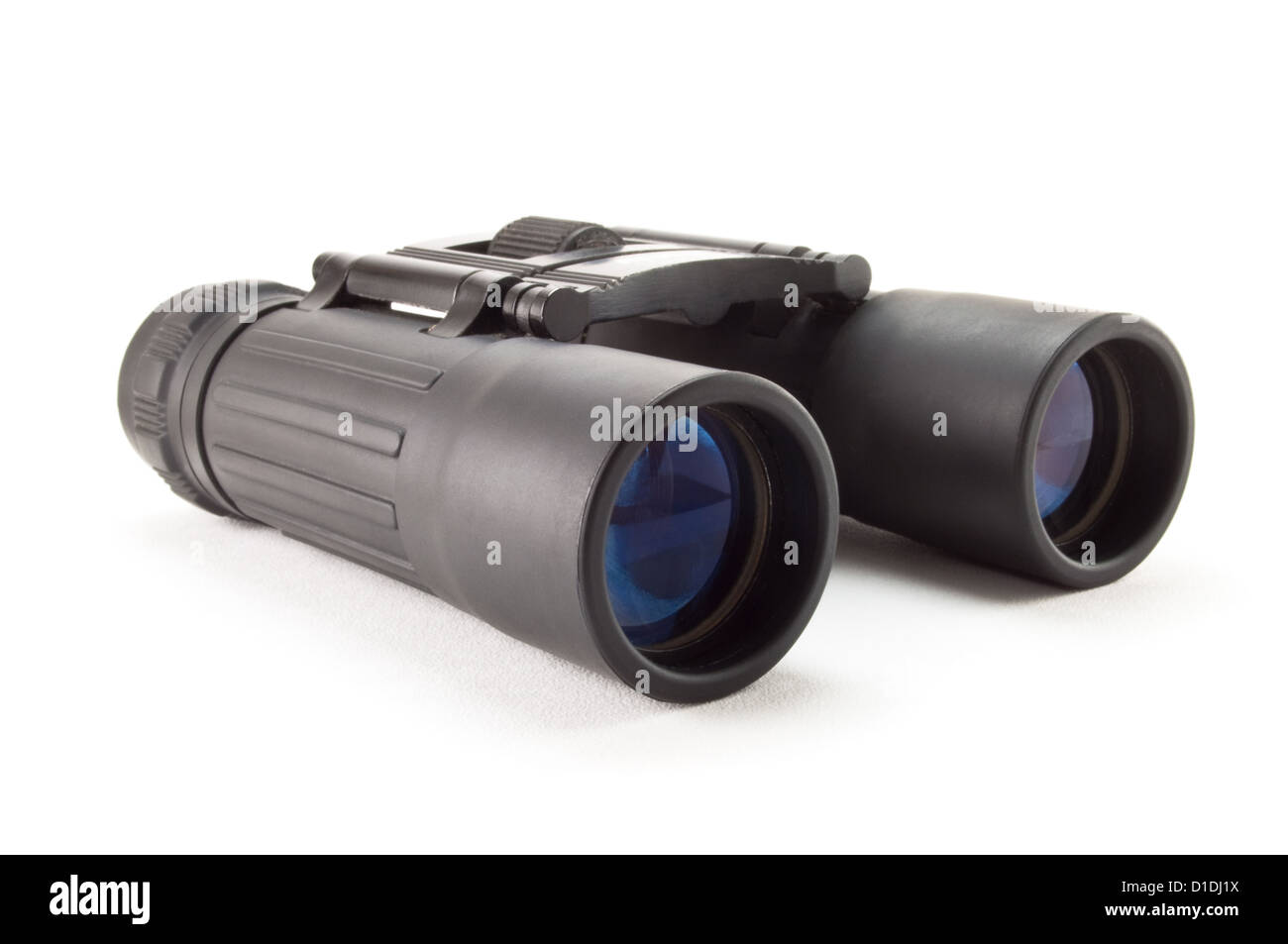 black binoculars with blue lens isolated on white Stock Photo