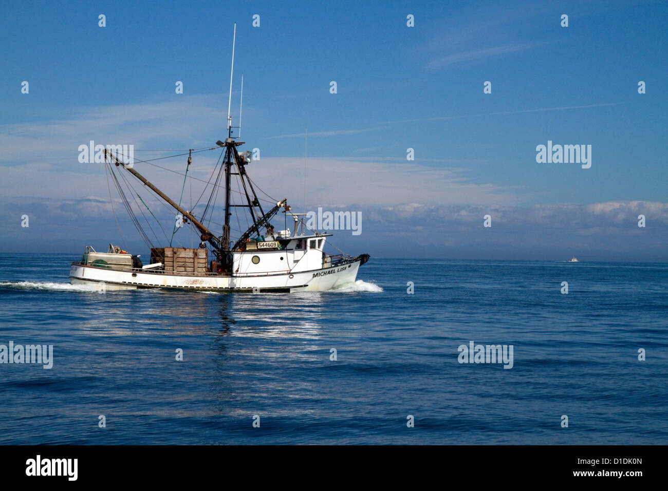 Salmon fishing trawler in the Pacific Ocean off the coast of Westport, Washington, USA. Stock Photo