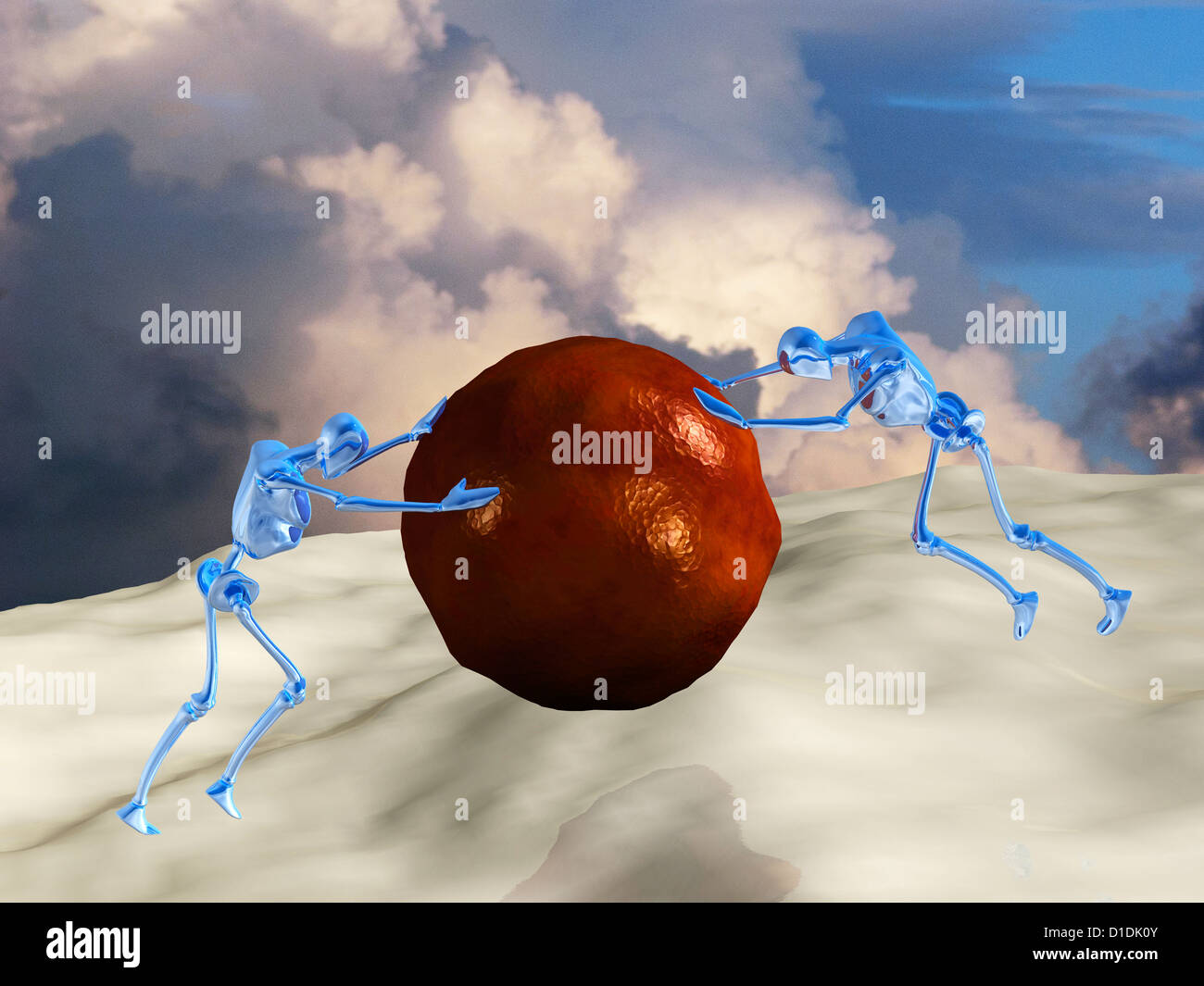 two mannikin figures pushing a ball against one another Stock Photo