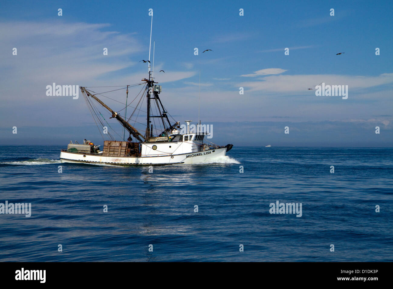 Salmon fishing trawler in the Pacific Ocean off the coast of Westport, Washington, USA. Stock Photo