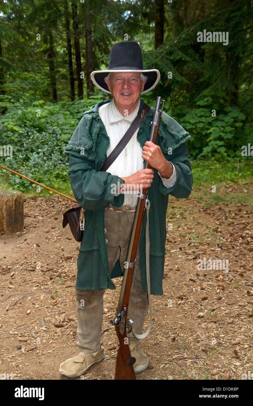 Musket demonstration at Fort Clatsop, Lewis and Clark National Historical Park near the mouth of the Columbia River, Oregon, USA Stock Photo