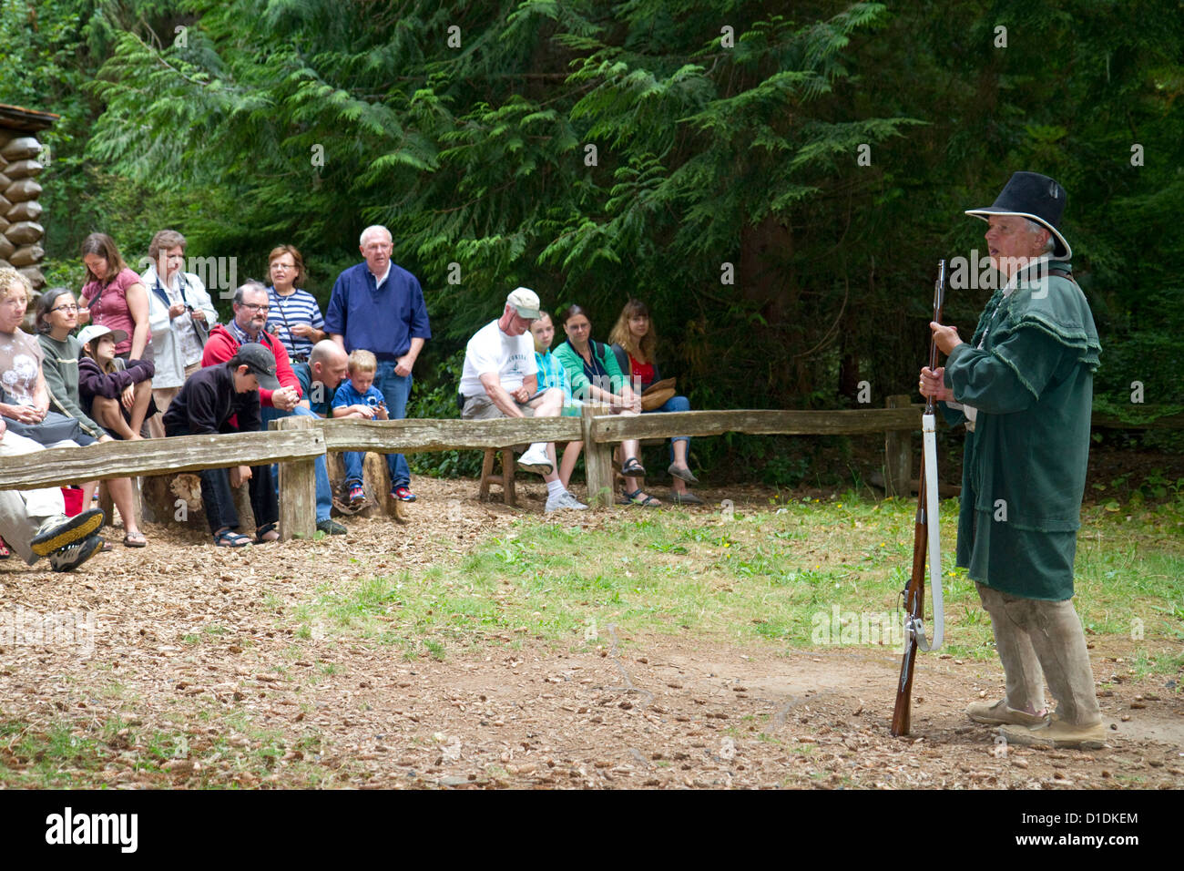 Musket demonstration at Fort Clatsop, Lewis and Clark National Historical Park near the mouth of the Columbia River, Oregon, USA Stock Photo