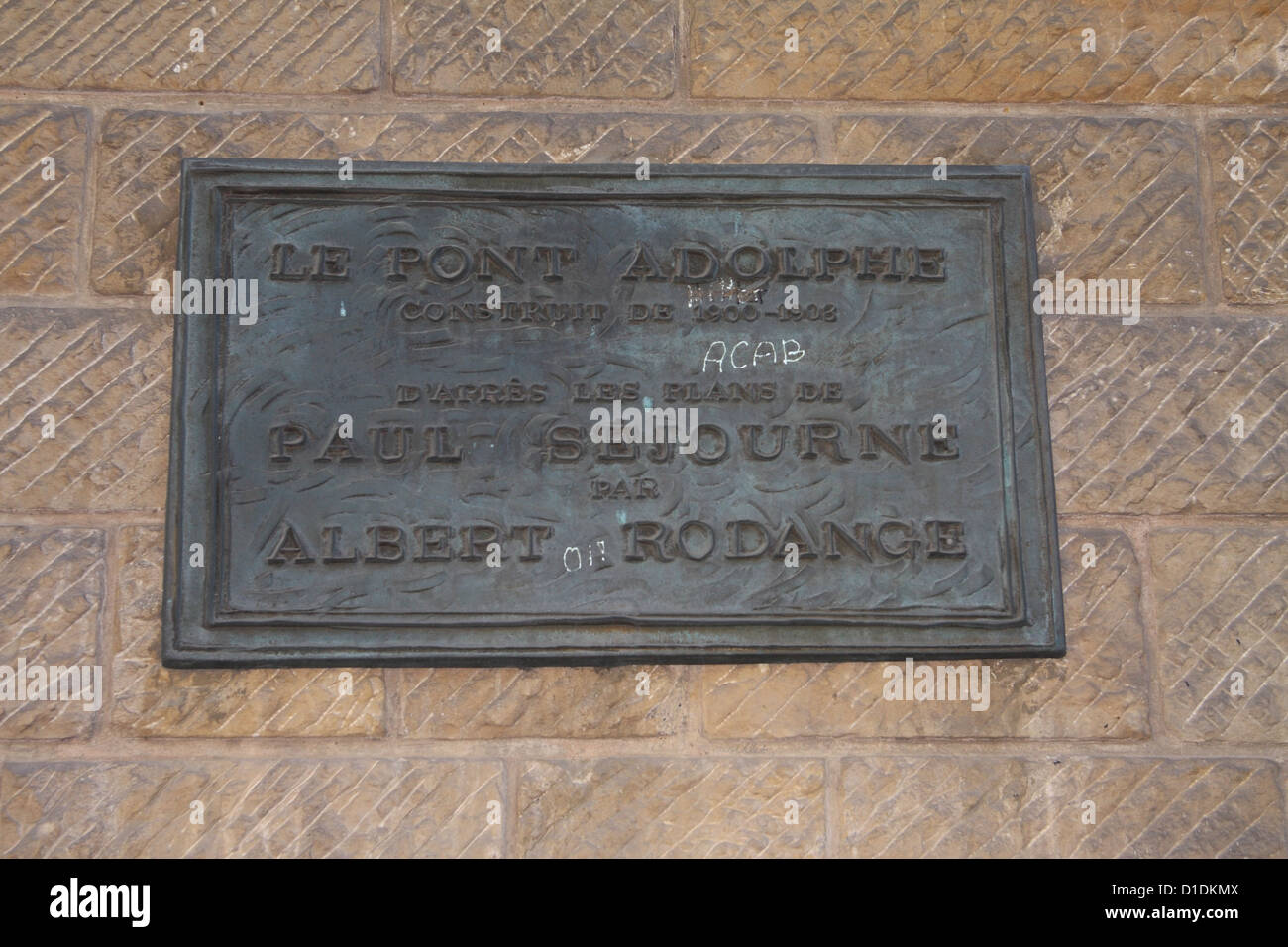 Plaque marking the construction of the Pont Adolphe bridge, Luxembourg City Stock Photo