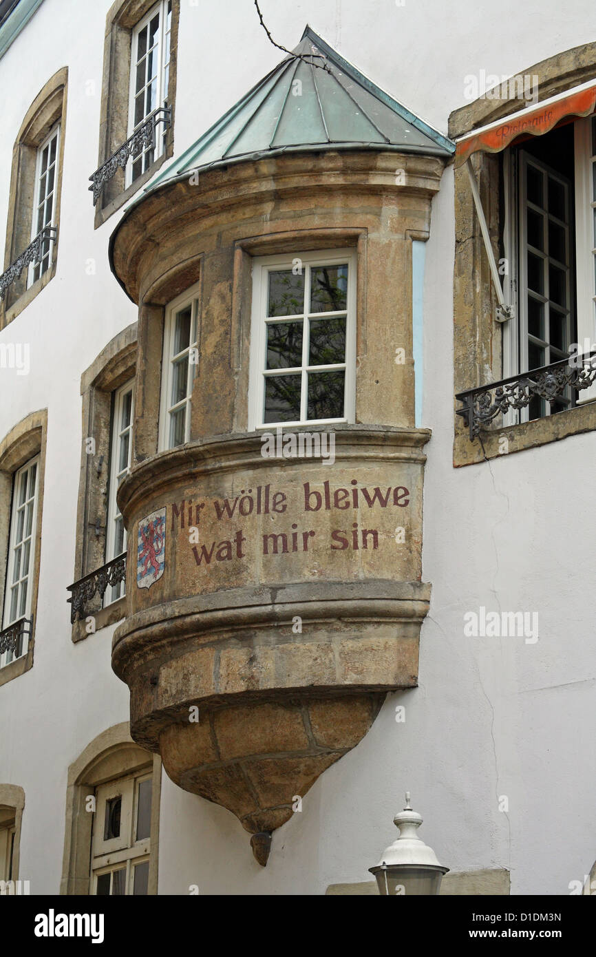 Turreted window, Luxembourg City, featuring text in the Luxembourgish language Stock Photo