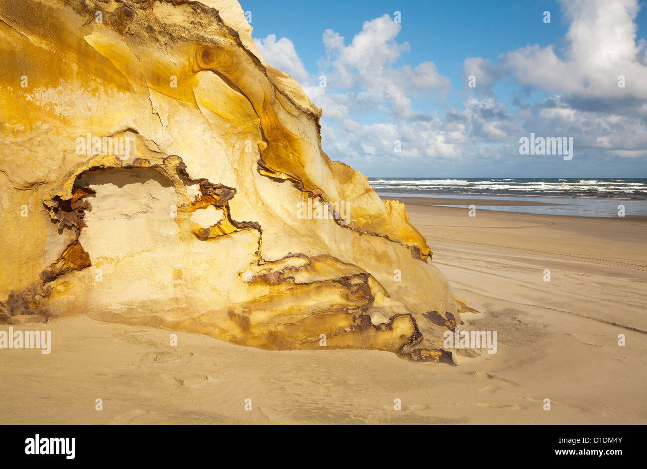 A view of sandstone rock formation on Baylys beach, Northland, North Island, New Zealand. Stock Photo