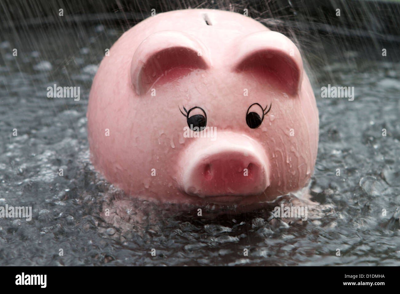 Pink Piggy bank getting wet in the rain Stock Photo