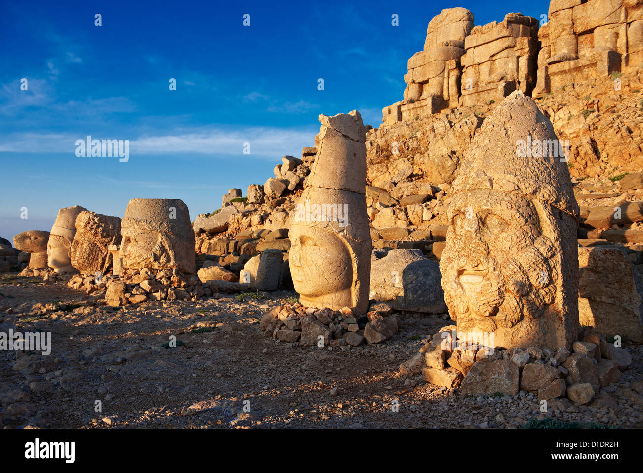 statues of around the tomb of Commagene King Antochus 1 on the top of Mount Nemrut, Turkey. Stock Photo