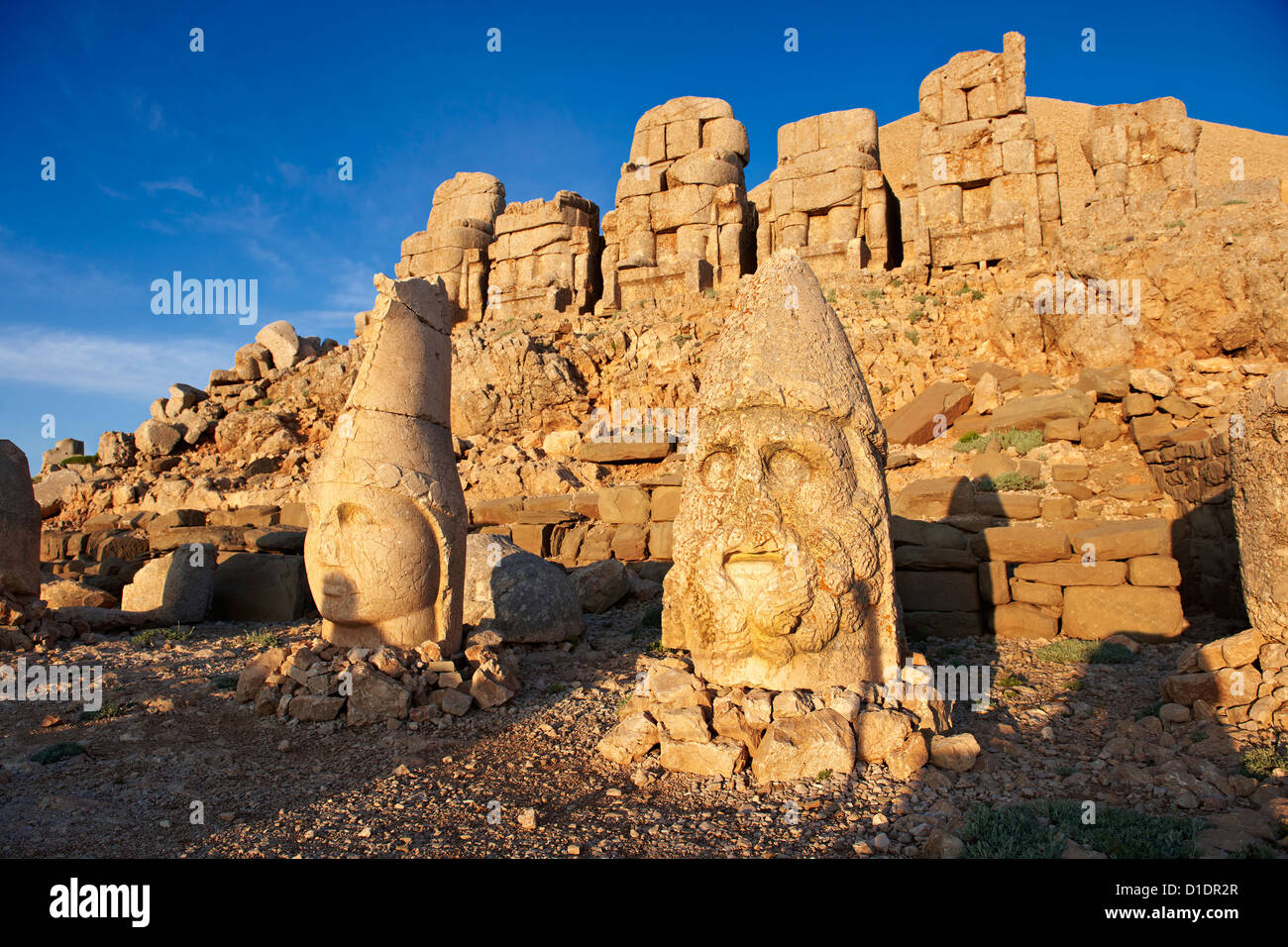 statues of around the tomb of Commagene King Antochus 1 on the top of Mount Nemrut, Turkey. Stock Photo
