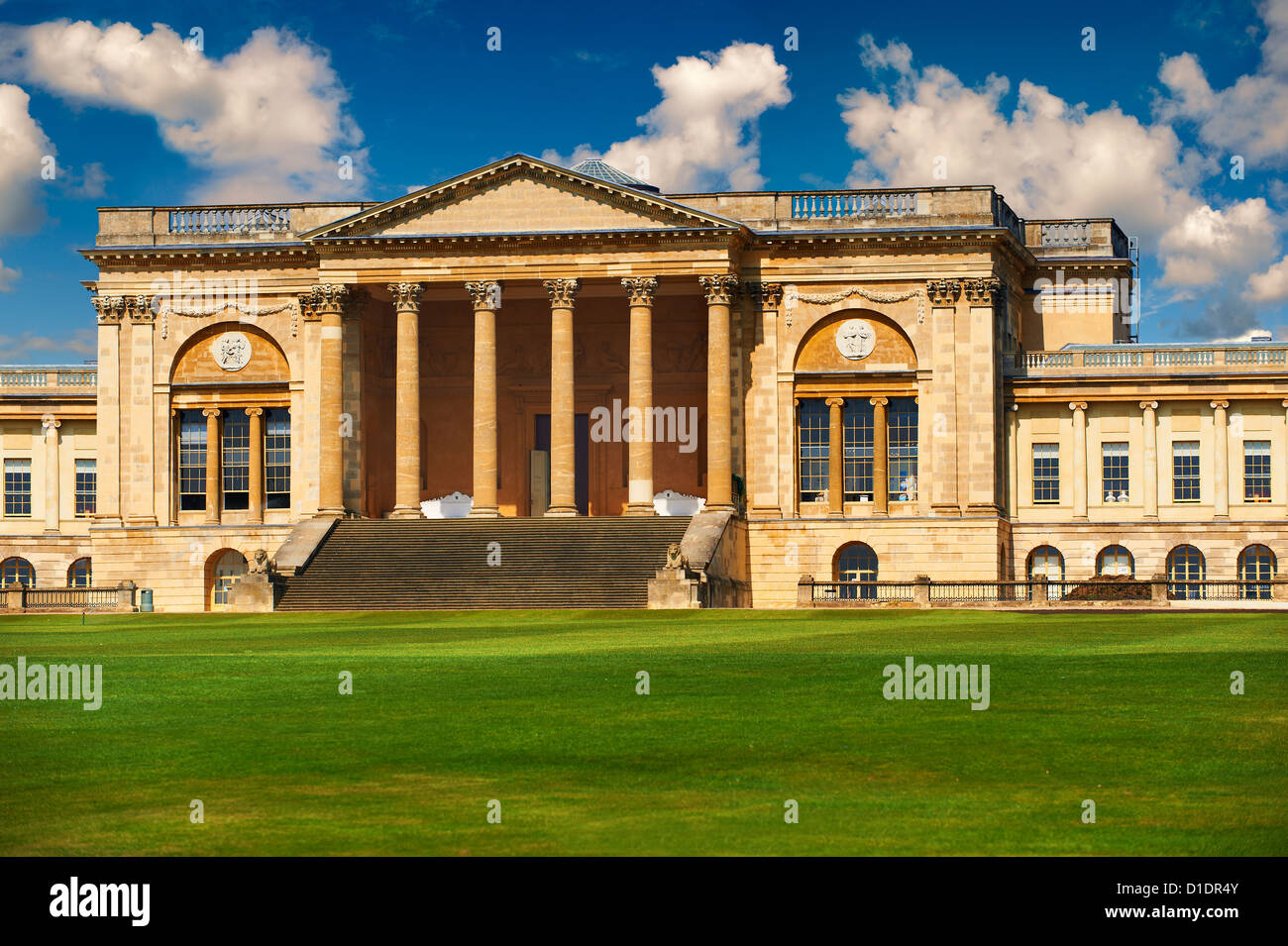 The neo-classic south front with Corinthian columns of the Duke of Buckingham's Stowe House designed by Robert Adam in 1771, Stock Photo