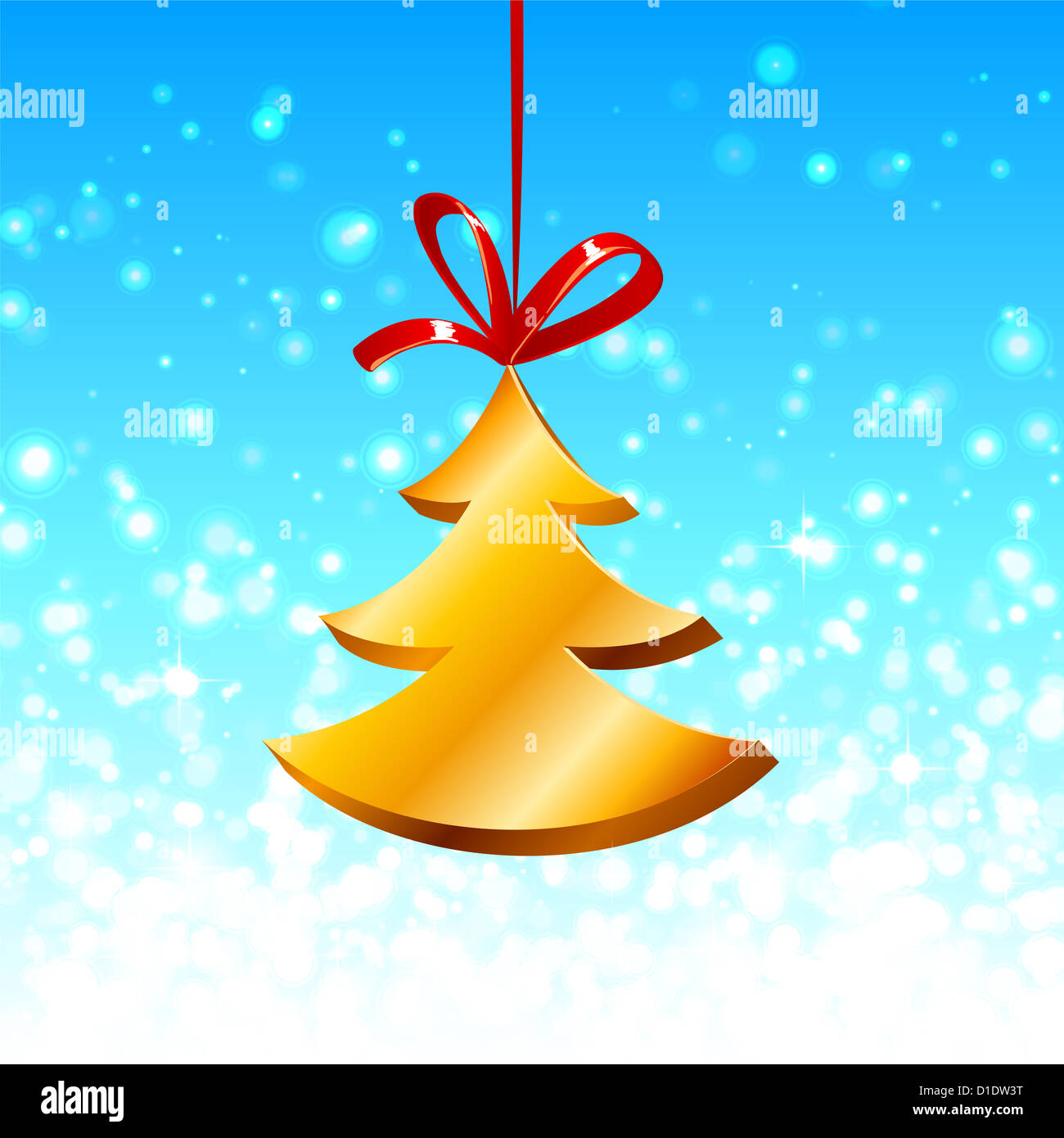 Golden Christmas tree with red ribbon on the blue background Stock