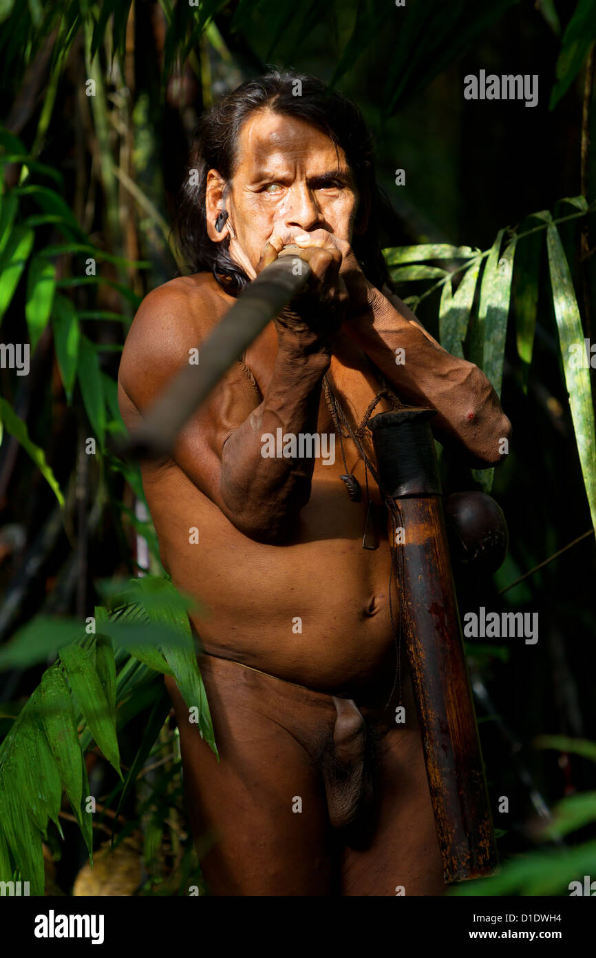 Typical Huaorani Hunter Portrait Waorani Reserve Yasuni National Park Ecuador Shoot In The Jungle In Ambient Lights Adult Content Stock Photo