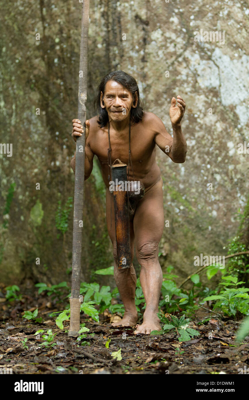 Typical Huaorani Hunter Portrait Waorani Reserve Yasuni National Park Ecuador Shoot In The Jungle In Ambient Lights Stock Photo