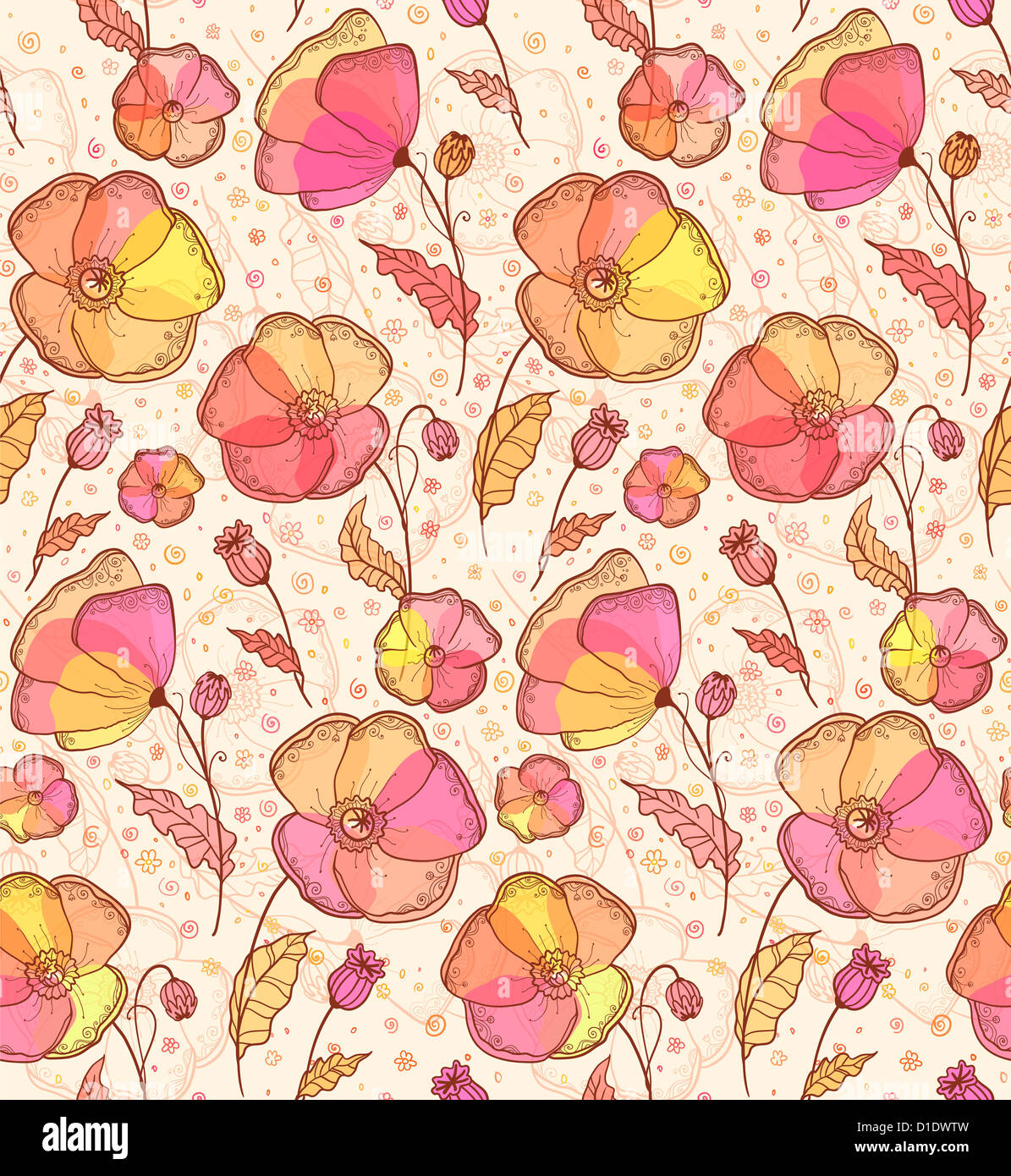 Vintage red, orange and yellow flowers vector pattern Stock Photo - Alamy