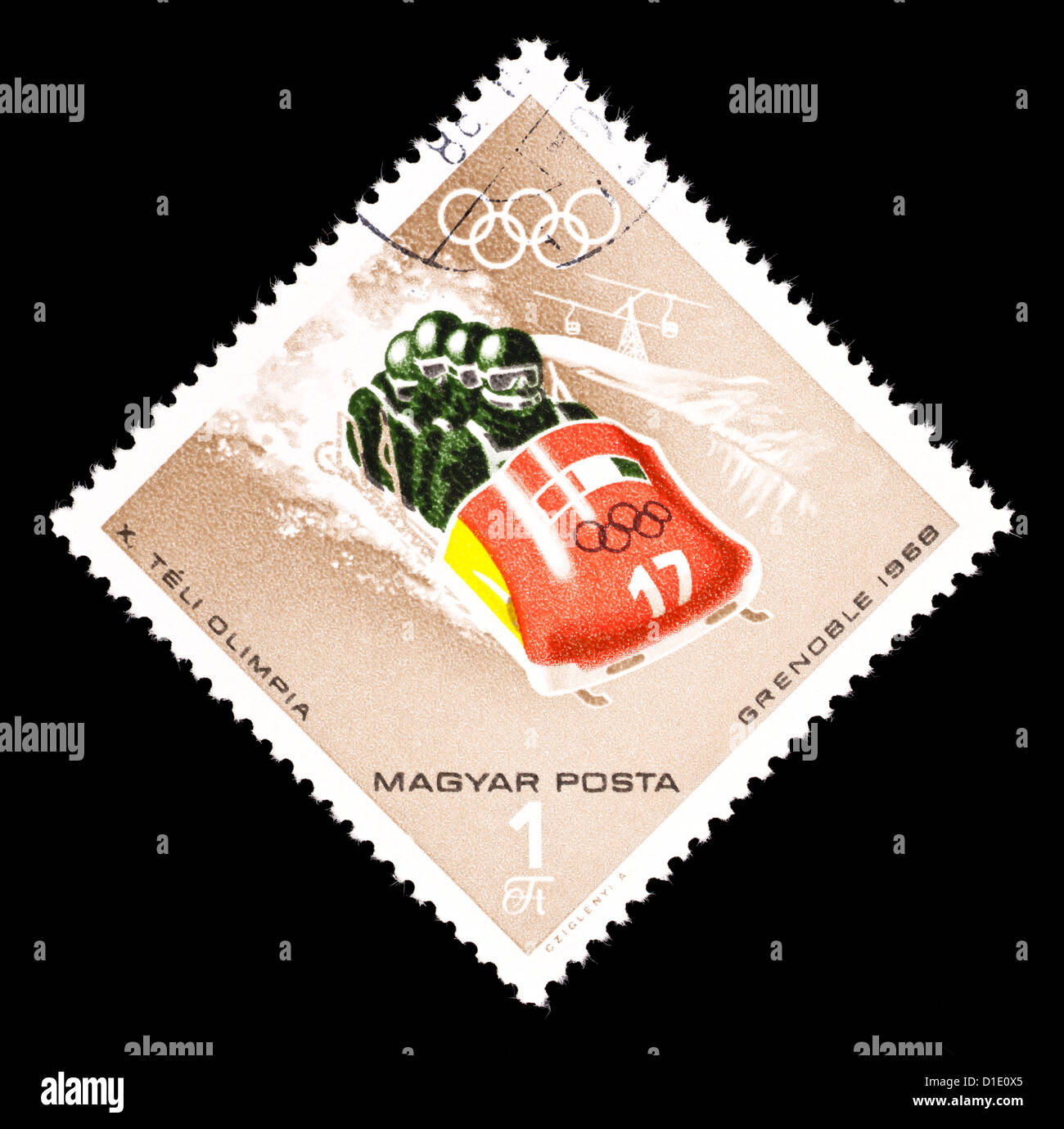 Postage stamp from Hungary depicting a four man bobsled, issued for the