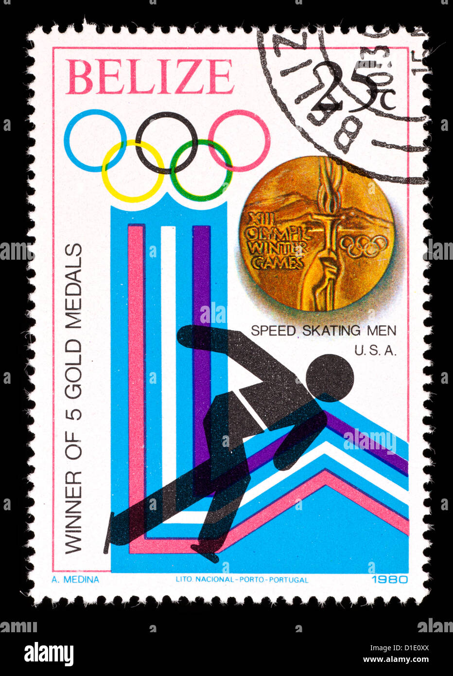 Postage stamp from Belize depicting a speed skater and gold medal, issued for the th 1976 Winter Olympic Games Stock Photo