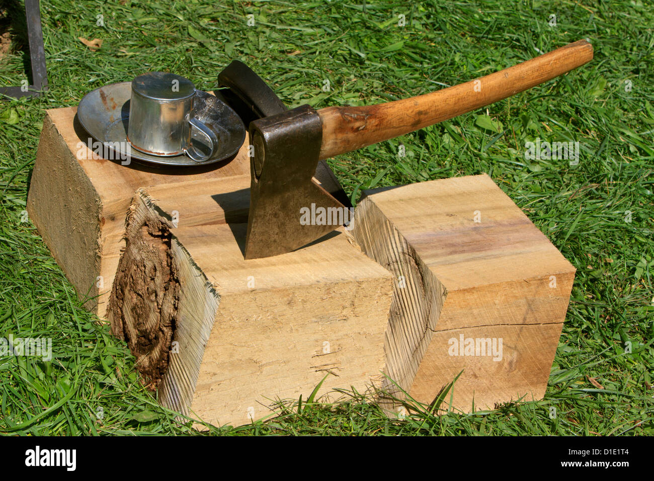 Ax on block of wood. Stock Photo