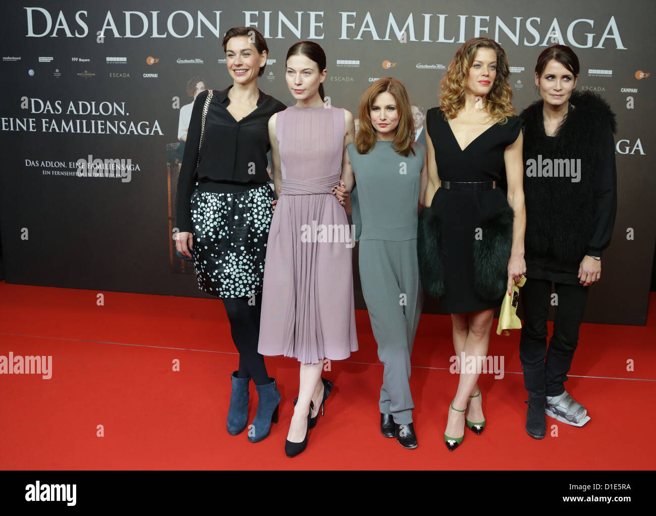 Actresses Christiane Paul (l-r), Nora von Waldstaetten, Josefine Preuss, Marie Baeumer and Anja Kling pose during the premiere of the three-piece TV production 'Adlon - A family saga' at Potsdamer Platz Cinestar in Berlin, Germany, 17 December 2012. The three parts are going to be broadcastet on 6, 7 and 9 January 2012. Photo: Joerg Carstensen Stock Photo