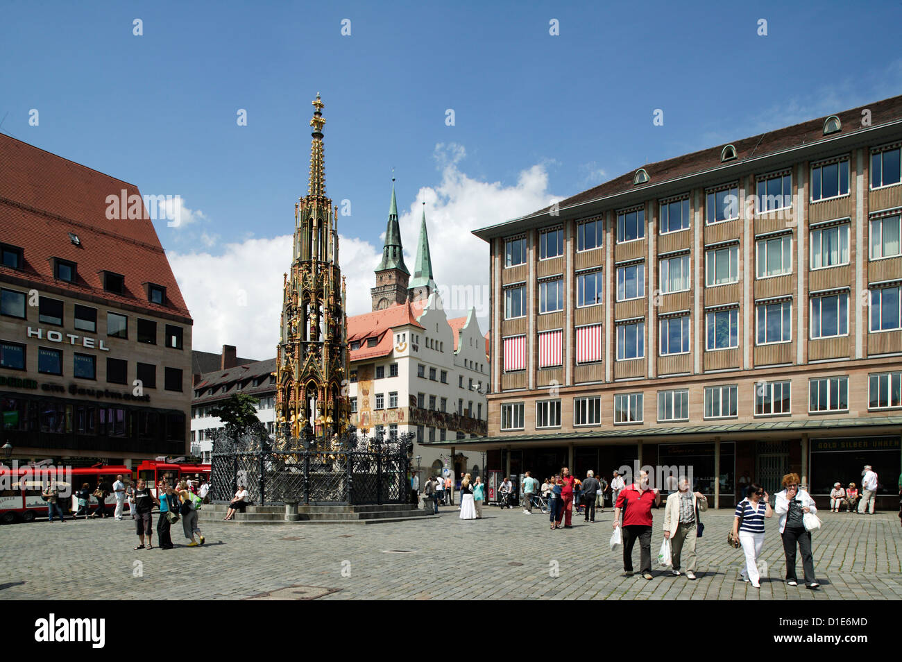 Nuernberg, Germany, the Schoene Brunnen on the Main Market Stock Photo