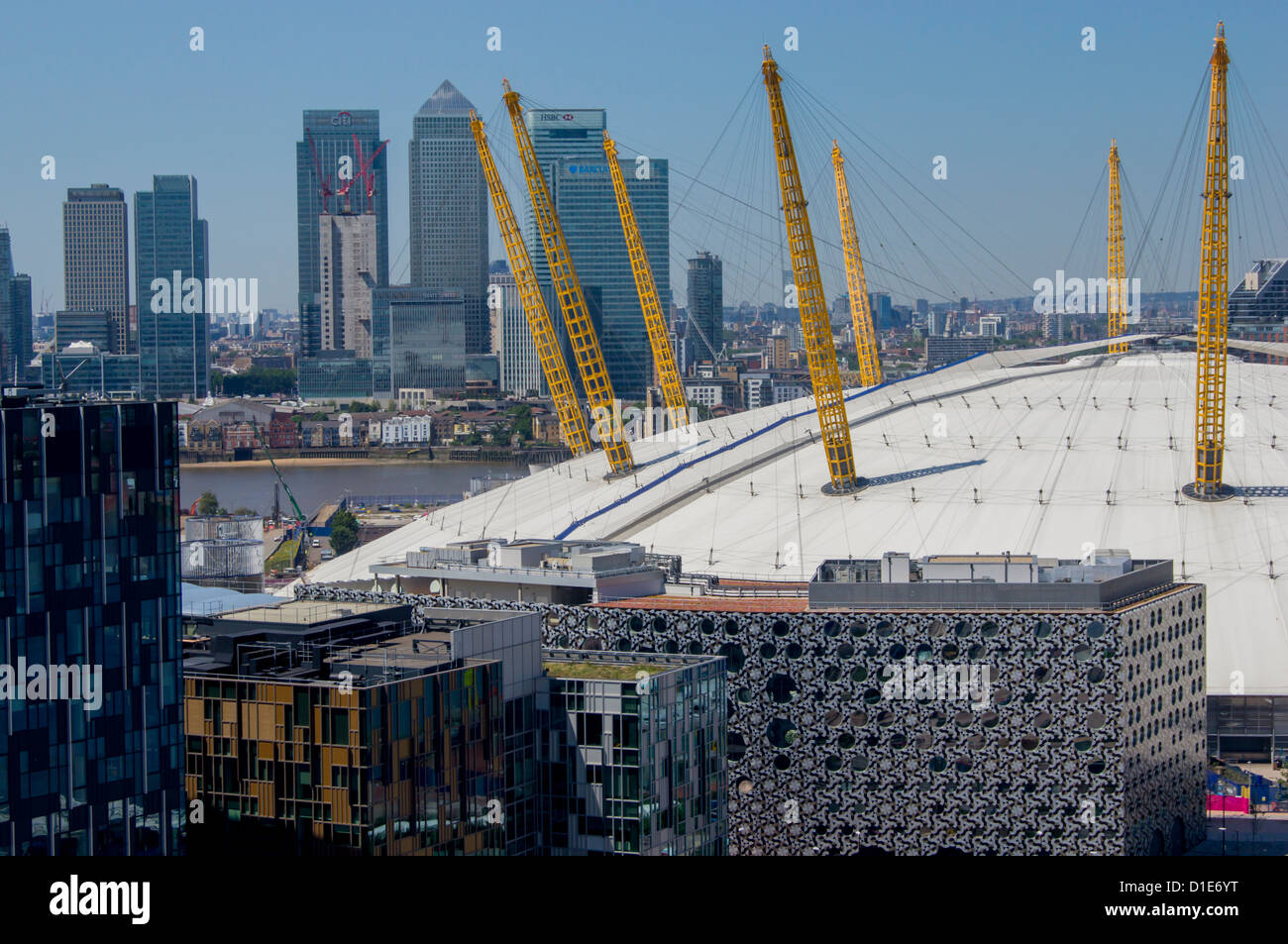 O2 Arena, with Canary Wharf behind, London, England, United Kingdom, Europe Stock Photo