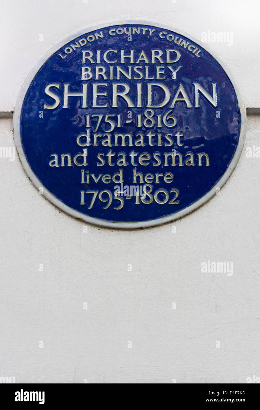 A blue plaque in London commemorating the dramatist and statesman Richard Brinsley Sheridan. Stock Photo