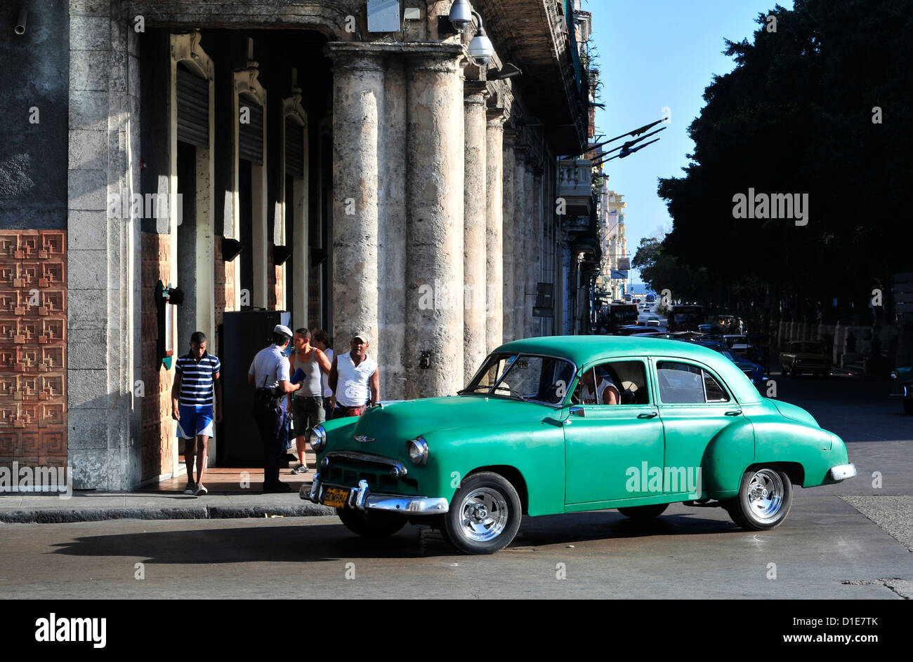 Chevy driving through the streets of Havana Cuba. Stock Photo