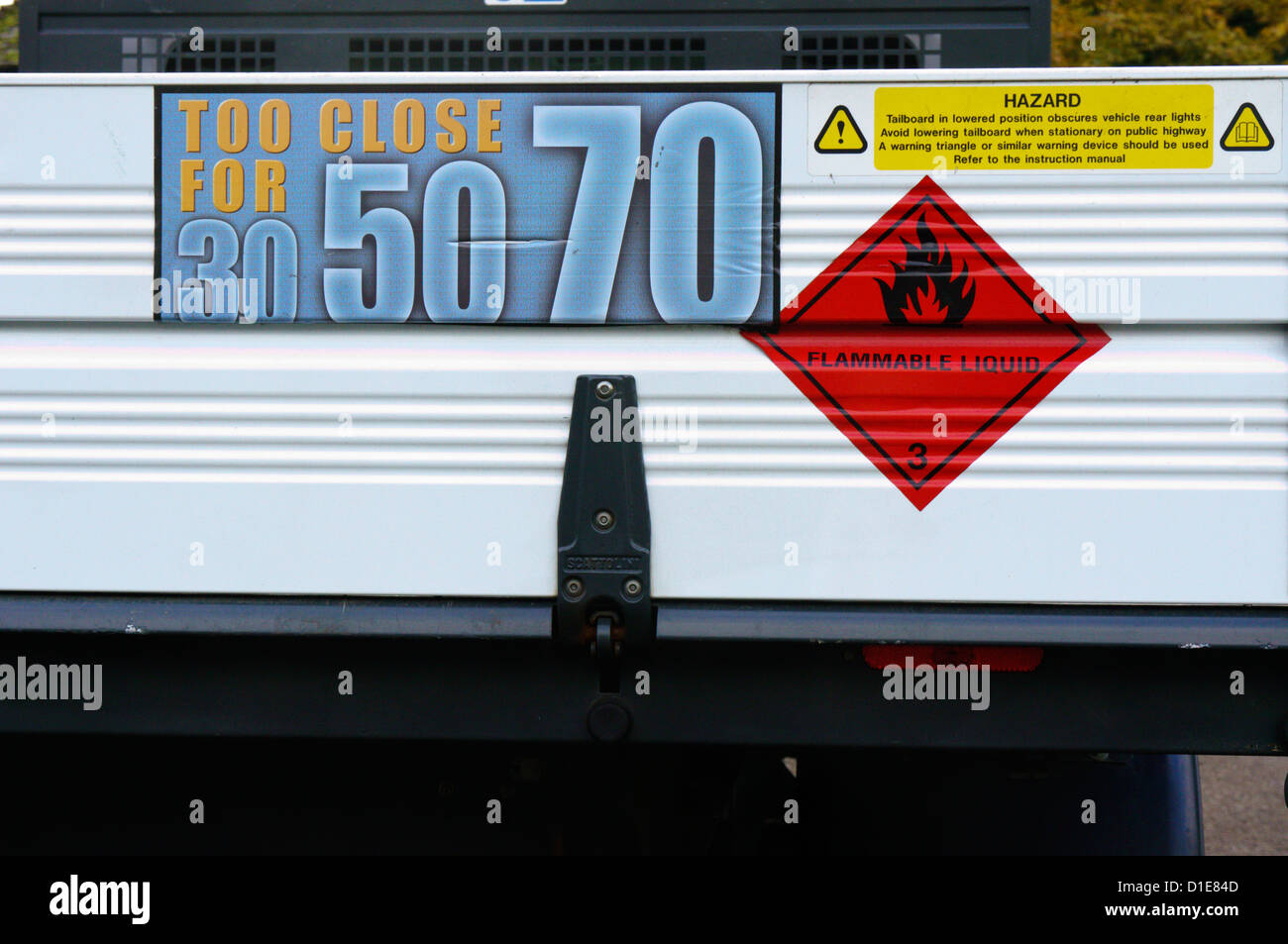 Hazard & warning signs on lorry tailgate. Stock Photo
