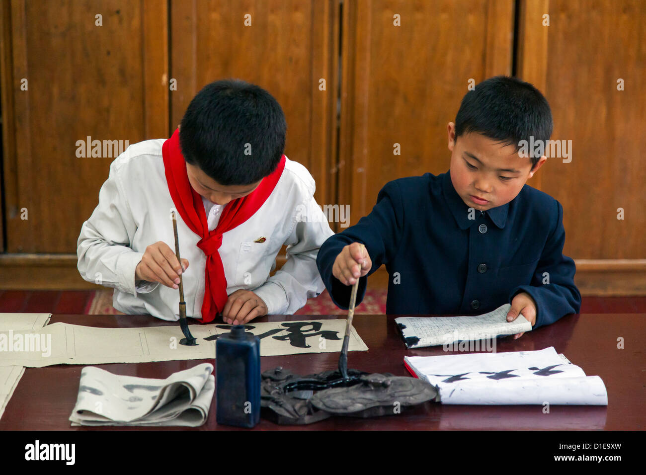 Calligraphy class, Mangyongdae Schoolchildren's Palace, Pyongyang, Democratic People's Republic of Korea (DPRK), North Korea Stock Photo