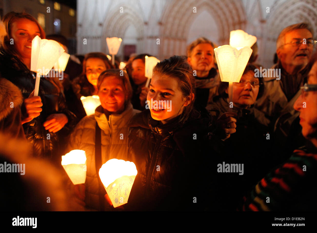 Fete des Lumieres, a night procession from St. John's cathedral to Fourviere Basilica, Lyon, Rhone, France Stock Photo